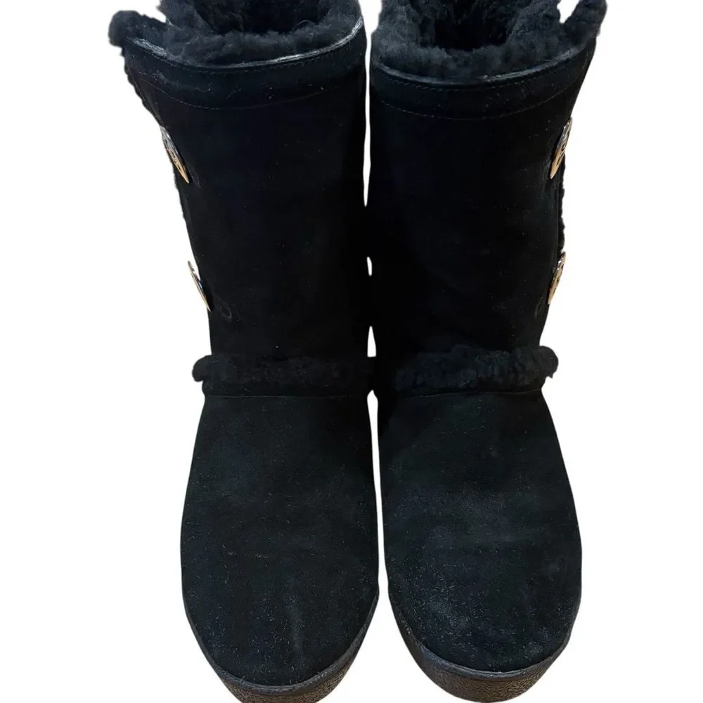 Tory Burch Black Winter Fur Boots with Logo Buttons 7.5